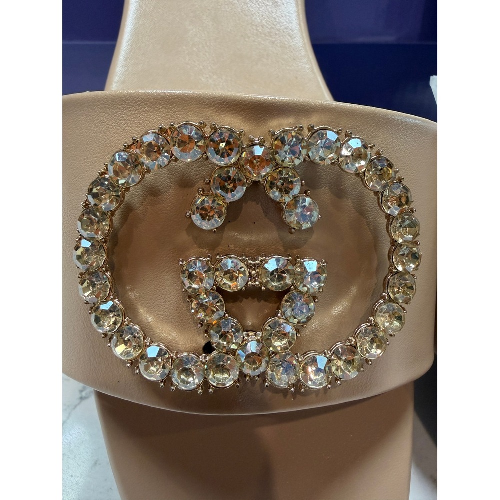 Liliana Hayden-5 Nude Rhinestone Emblem Square Toe Slide Sandals Womens 8 NEW - Picture 3 of 5